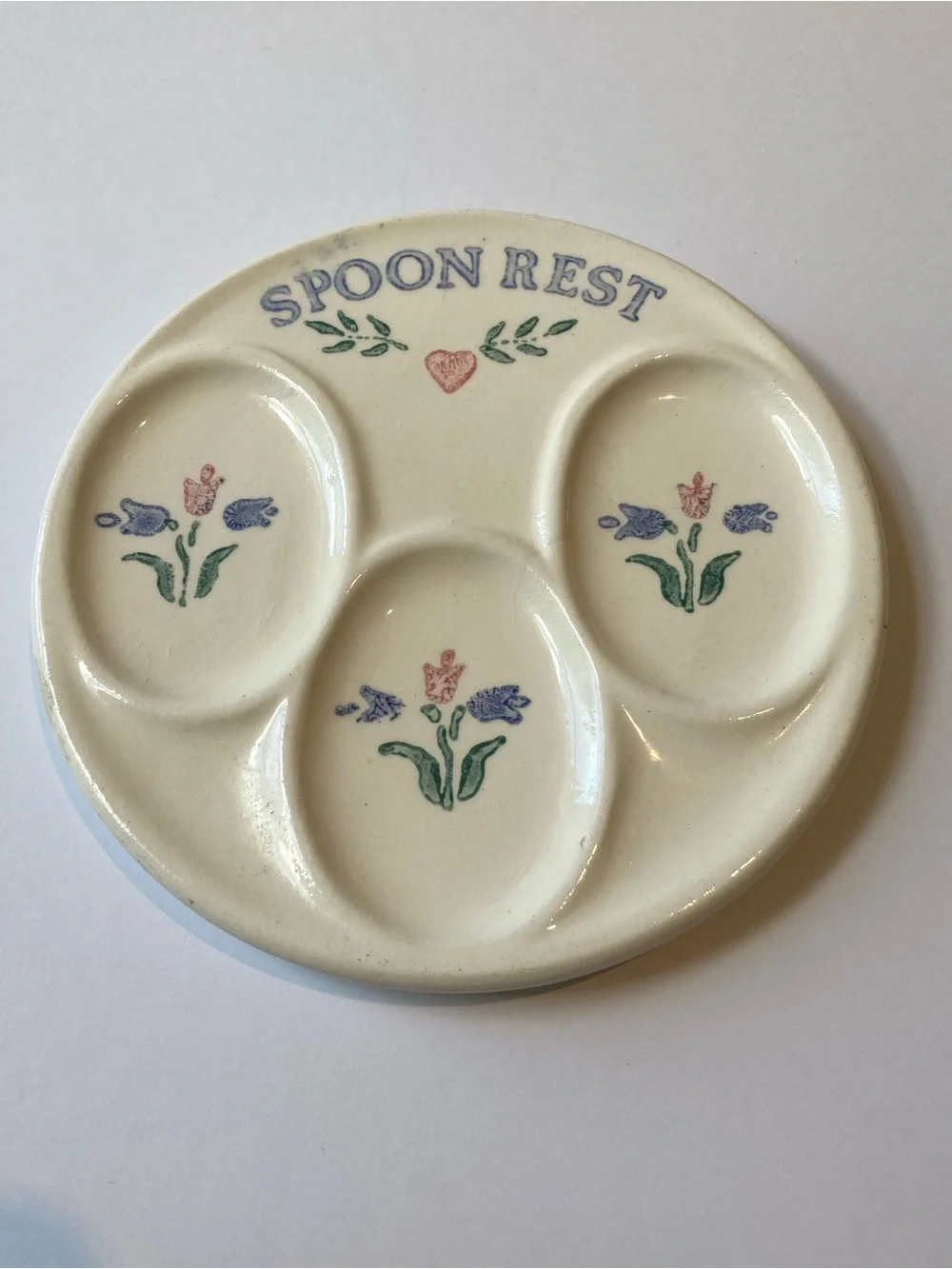 Vintage Triple Spoon Rest Ceramic Country Tulips Flowers Cottage Cozy Charming